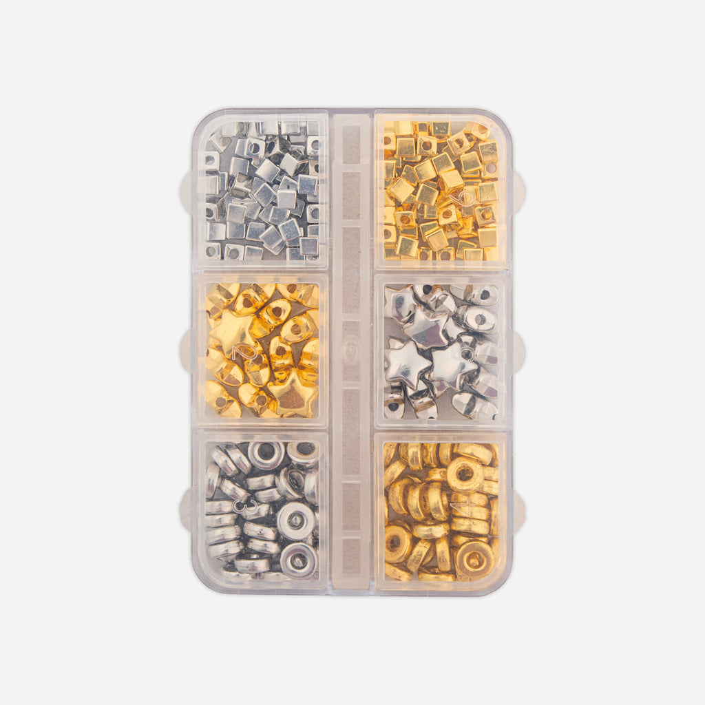 Jewellery Findings Spacer Art Beads Assorted Metallic Sheen 7 X 5cm 6 comp Box