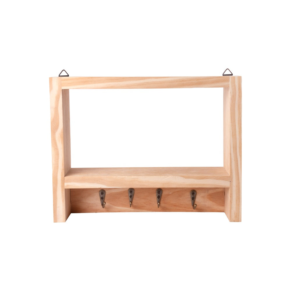Pinewood Rack and key Holder with 4 Hooks, Approx. L12in x W3in x H9.25in, 1pc