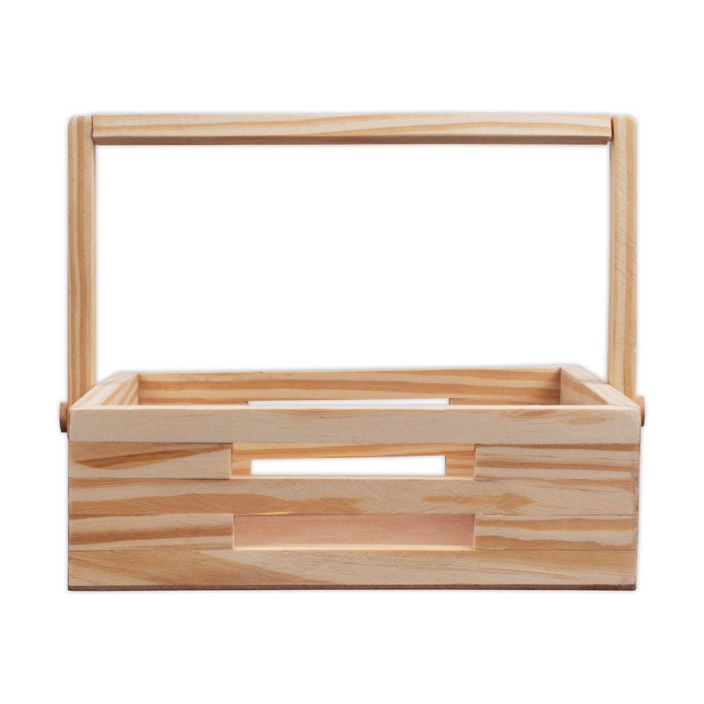 Wooden Basket with Handle - Pinewood, Approx L9.5in x W9.5in x H3in, 1 pc