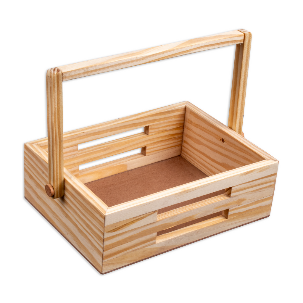 Wooden Basket with Handle - Pinewood, Approx L9.5in x W9.5in x H3in, 1 pc
