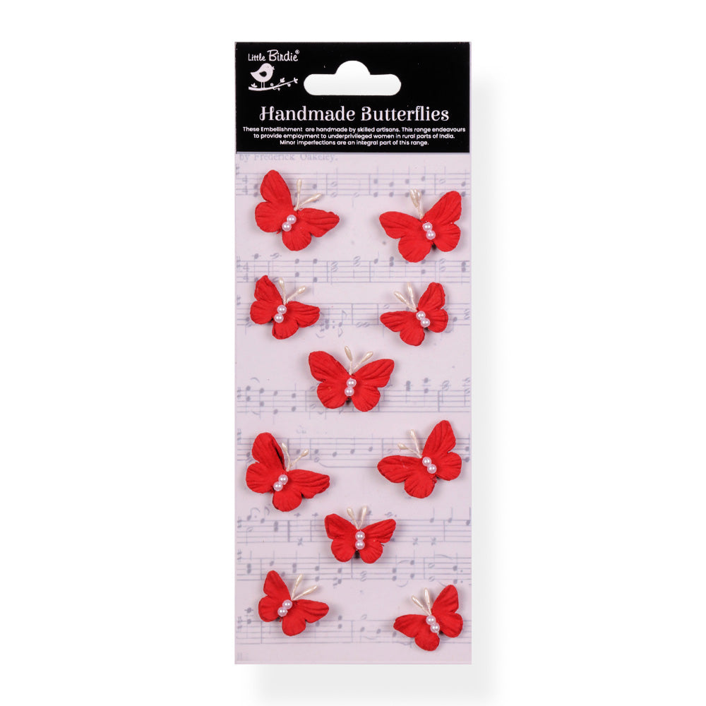 Handmade Flowers Cardinal Red Pearl Butterflies Approx 2 & 2.7Cm 11Pc