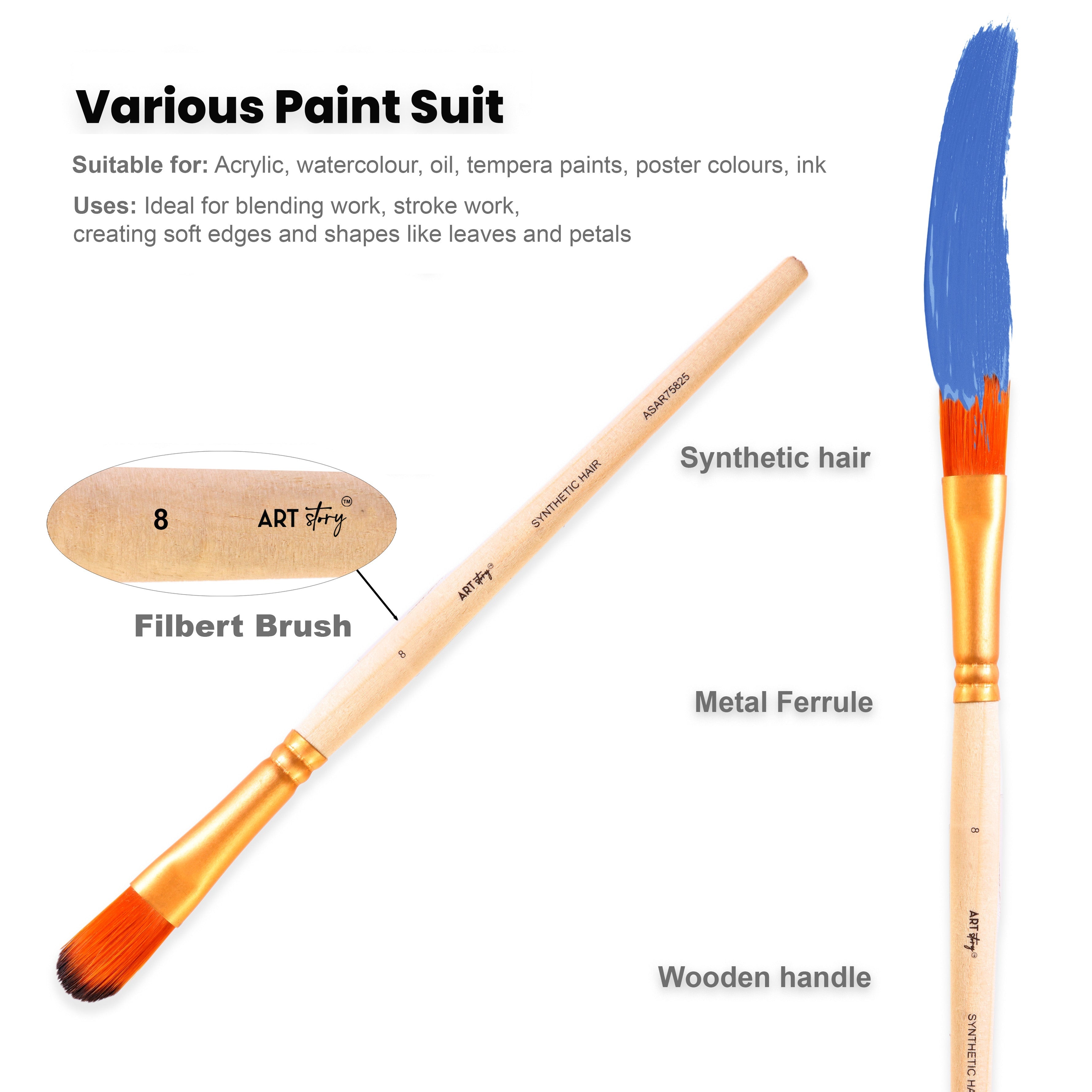 Filbert Brush Synthetic Hair Size 8 Handle Length 150mm
