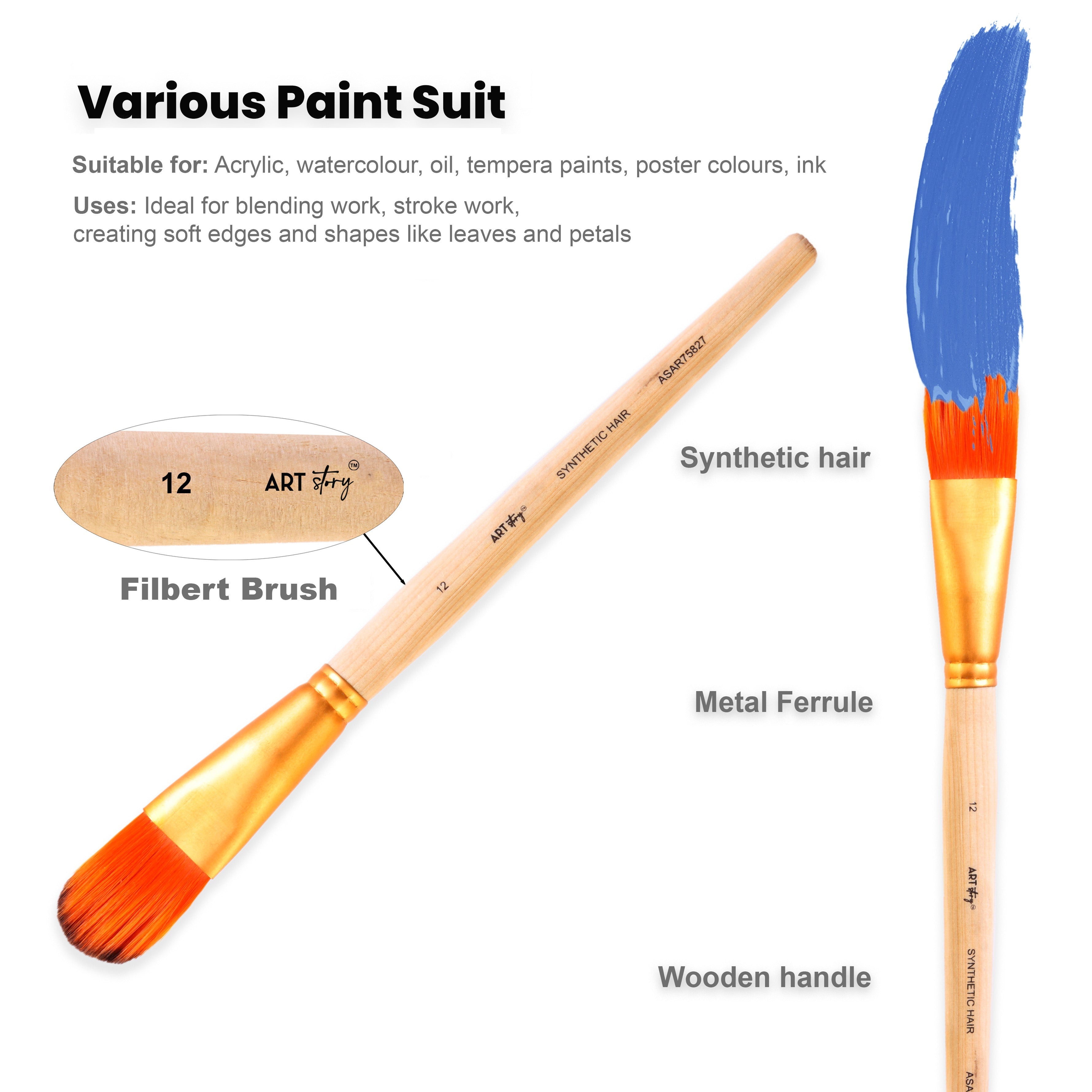 Filbert Brush Synthetic Hair Size 12 Handle Length 150mm