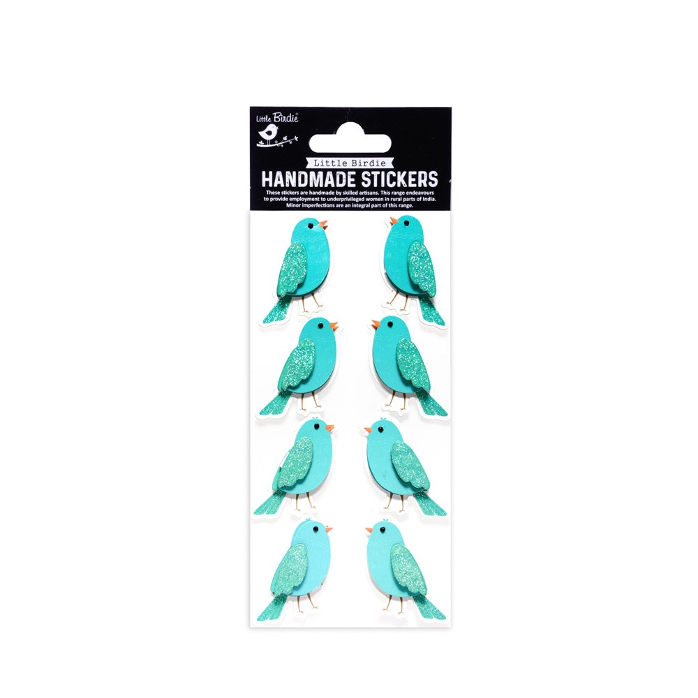 Handmade 3D Glitter Stickers - Tweet Birdies, Aqua Blue, 8pc, 1 Sheet