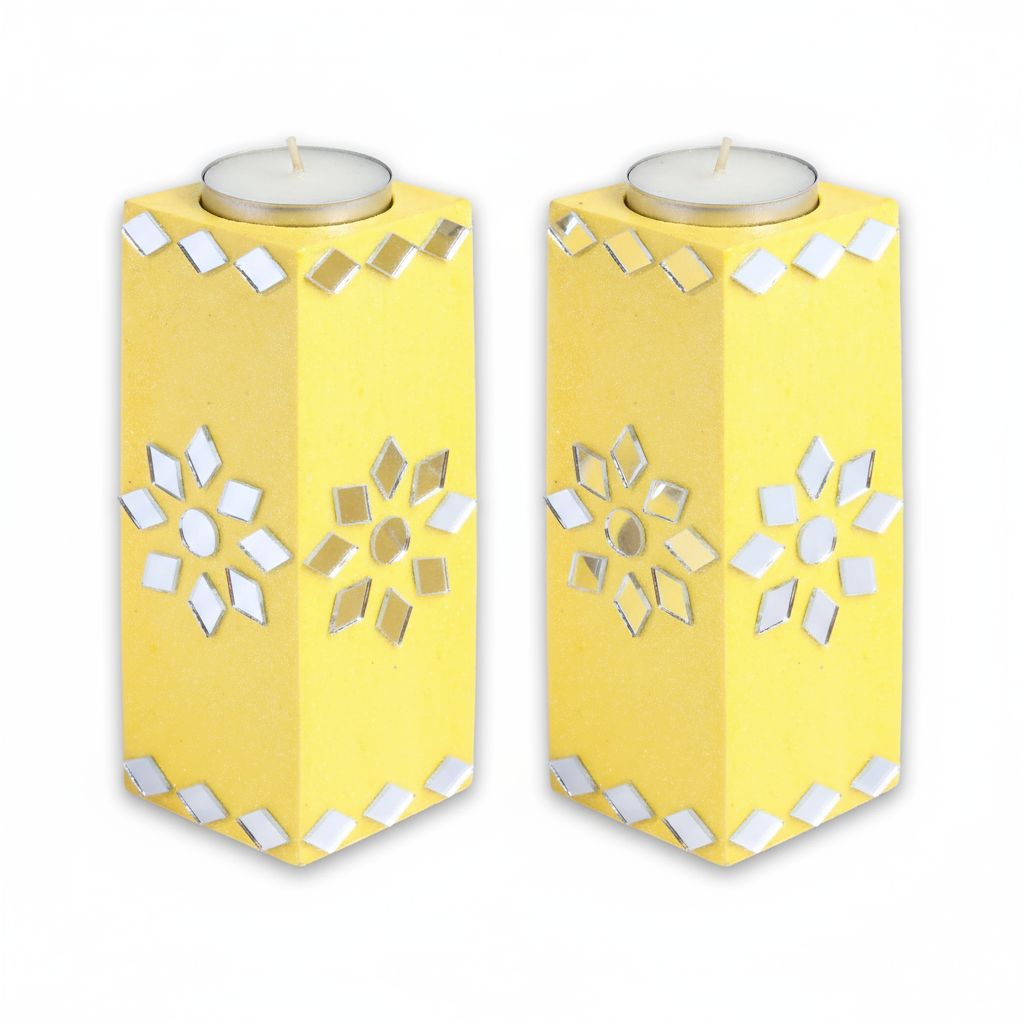 Mirror Art Tealight Holder Florista Yellow 5inch  - 2Pc - (Tealight Candle Included)