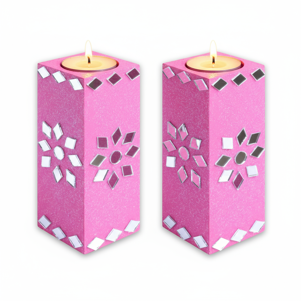 Mirror Art Tealight Holder Florista Pink 5inch  - 2Pc - (Tealight Candle Included)
