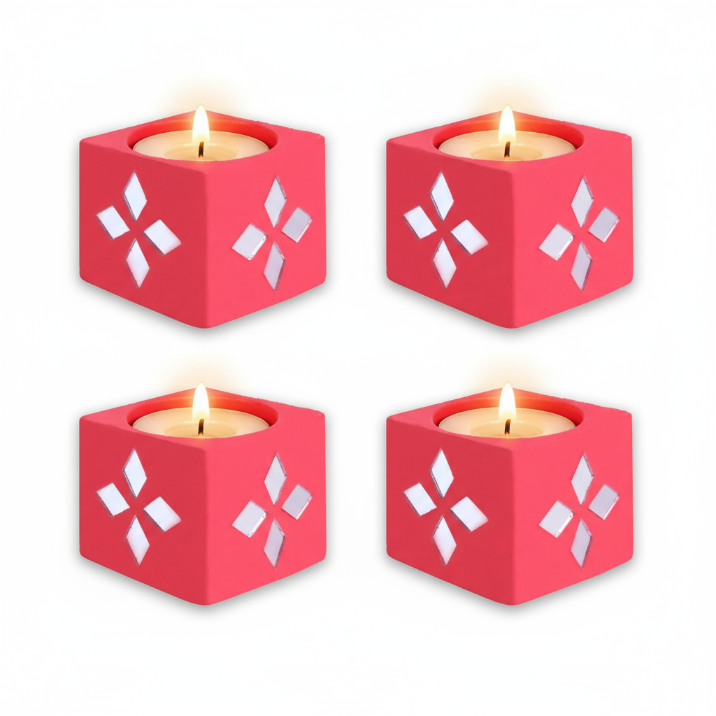 Mirror Art Tealight Holder Red 1.5inch  - 4Pc - (Tealight Candle Included)