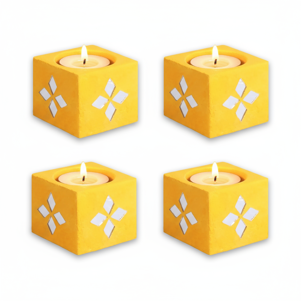Mirror Art Tealight Holder Bright Yellow 1.5inch  - 4Pc - (Tealight Candle Included)