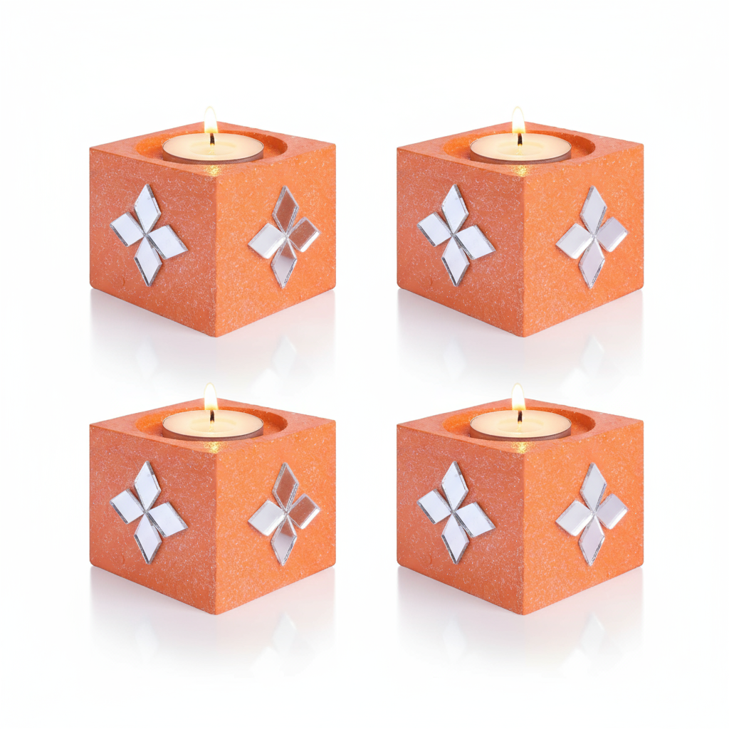 Mirror Art Tealight Holder Florista Orange 1.5inch  - 4Pc - (Tealight Candle Included)