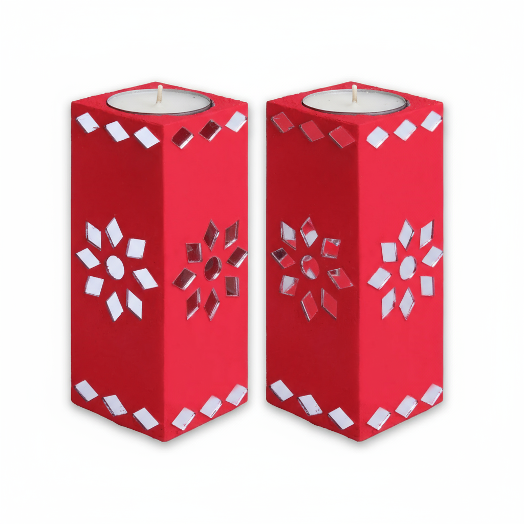 Mirror Art Tealight Holder Red 5inch  - 2Pc - (Tealight Candle Included)