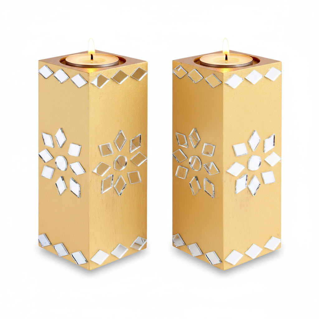 Mirror Art Tealight Holder Florista Gold 5inch  - 2Pc - (Tealight Candle Included)