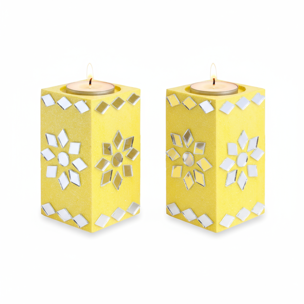 Mirror Art Tealight Holder Florista Yellow 3.5inch  - 2Pc - (Tealight Candle Included)