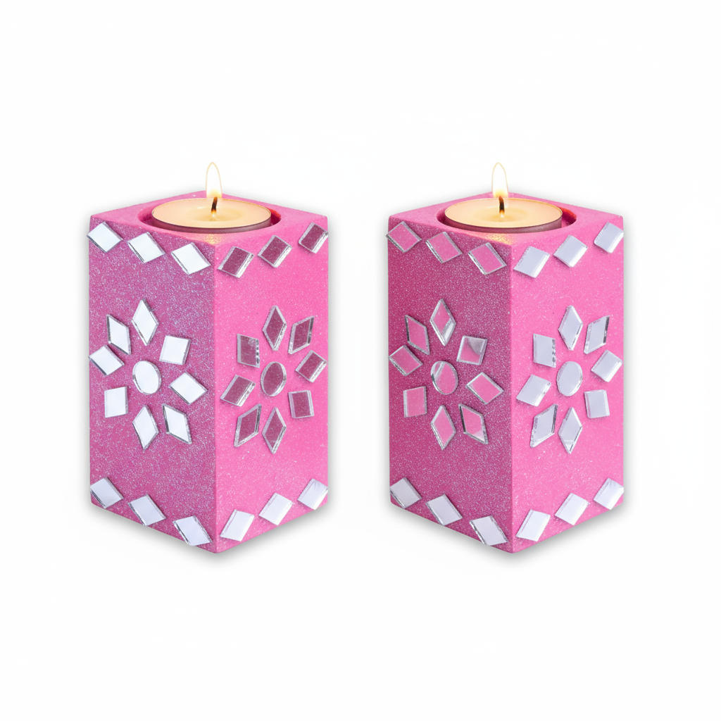 Mirror Art Tealight Holder Florista Pink 3.5inch  - 2Pc - (Tealight Candle Included)
