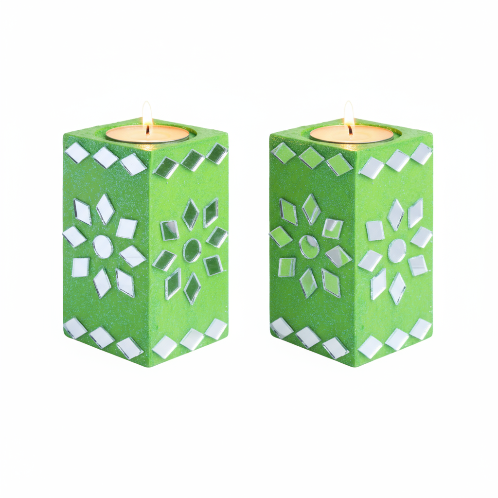 Mirror Art Tealight Holder Florista Green 3.5inch  - 2Pc - (Tealight Candle Included)