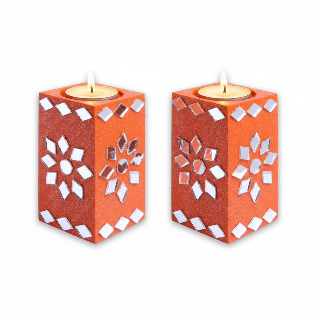 Mirror Art Tealight Holder Florista Orange 3.5inch  - 2Pc - (Tealight Candle Included)