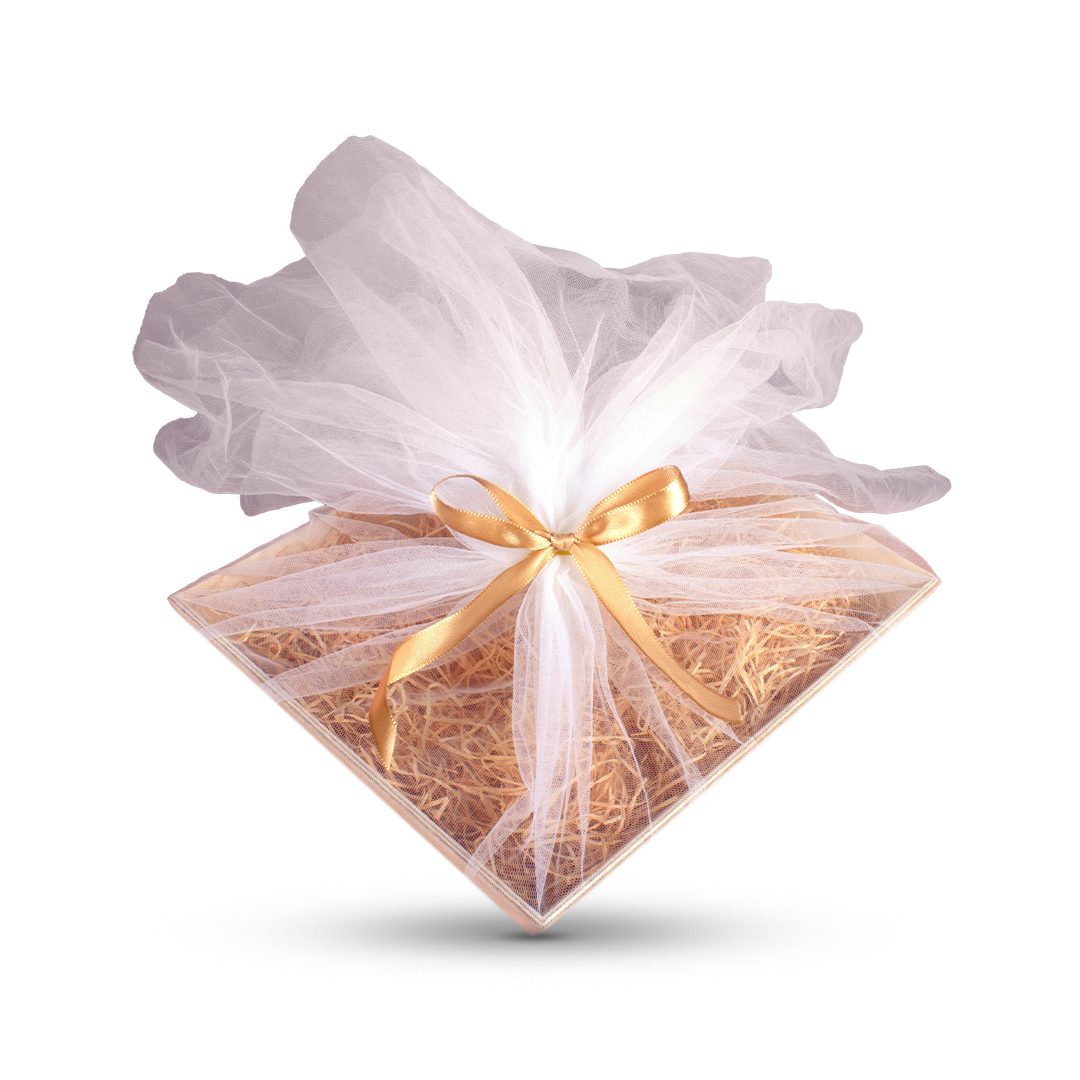 Birch Wood Angled Gifting Tray with Wood Wool, Net Fabric & Ribbon, L10in x W8in x H2.16in, 4mm Thick 1pc