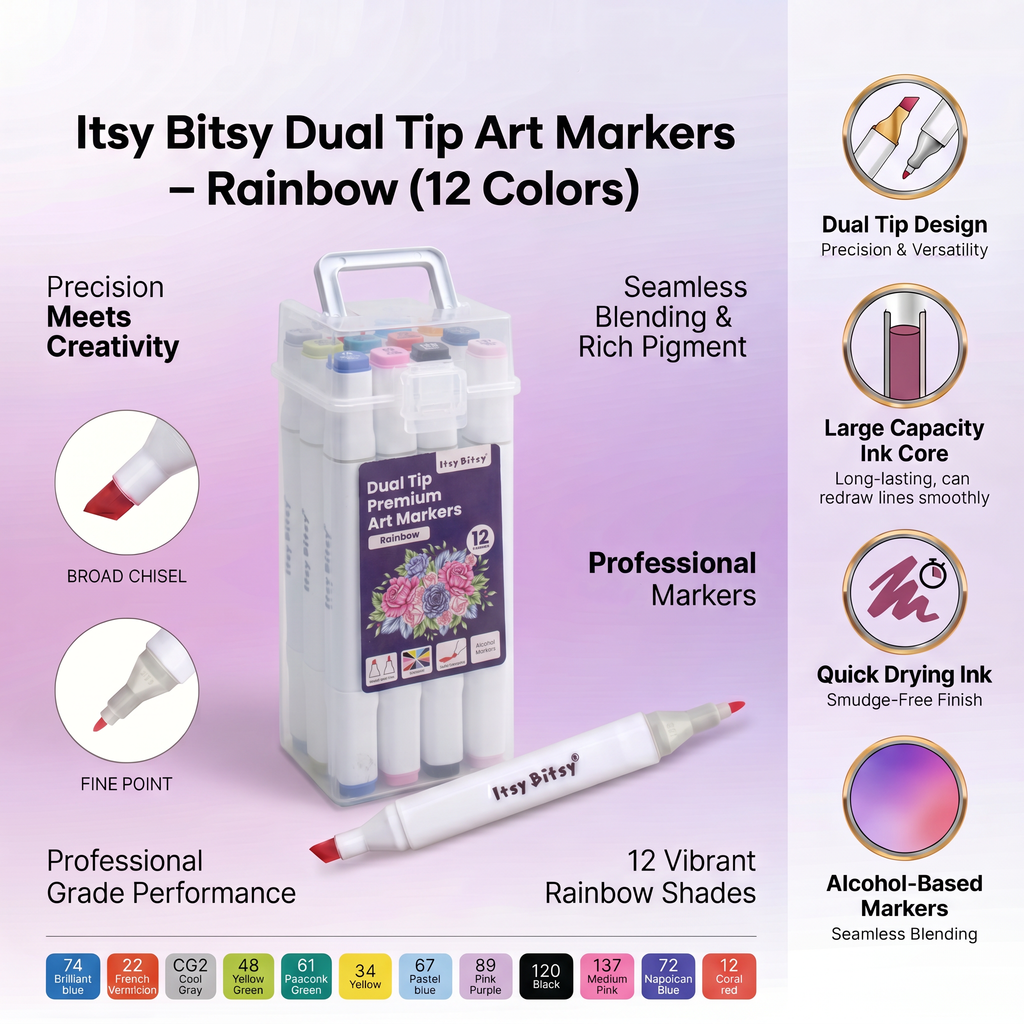 Alcohol Marker Dual Tip Bright Colour 12pcs Box