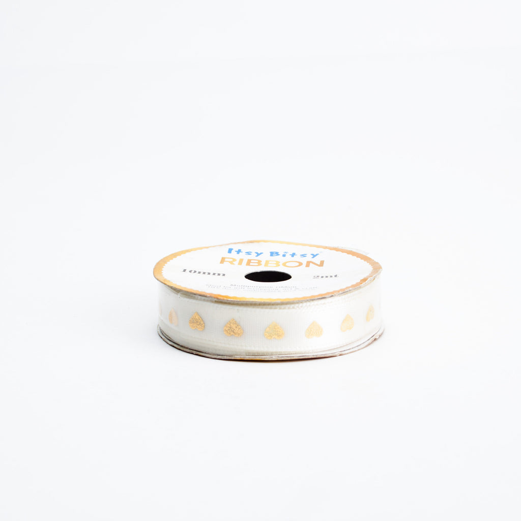 Gold Heart Printed Stain Ribbon Cream Colour 10mm 2mtr