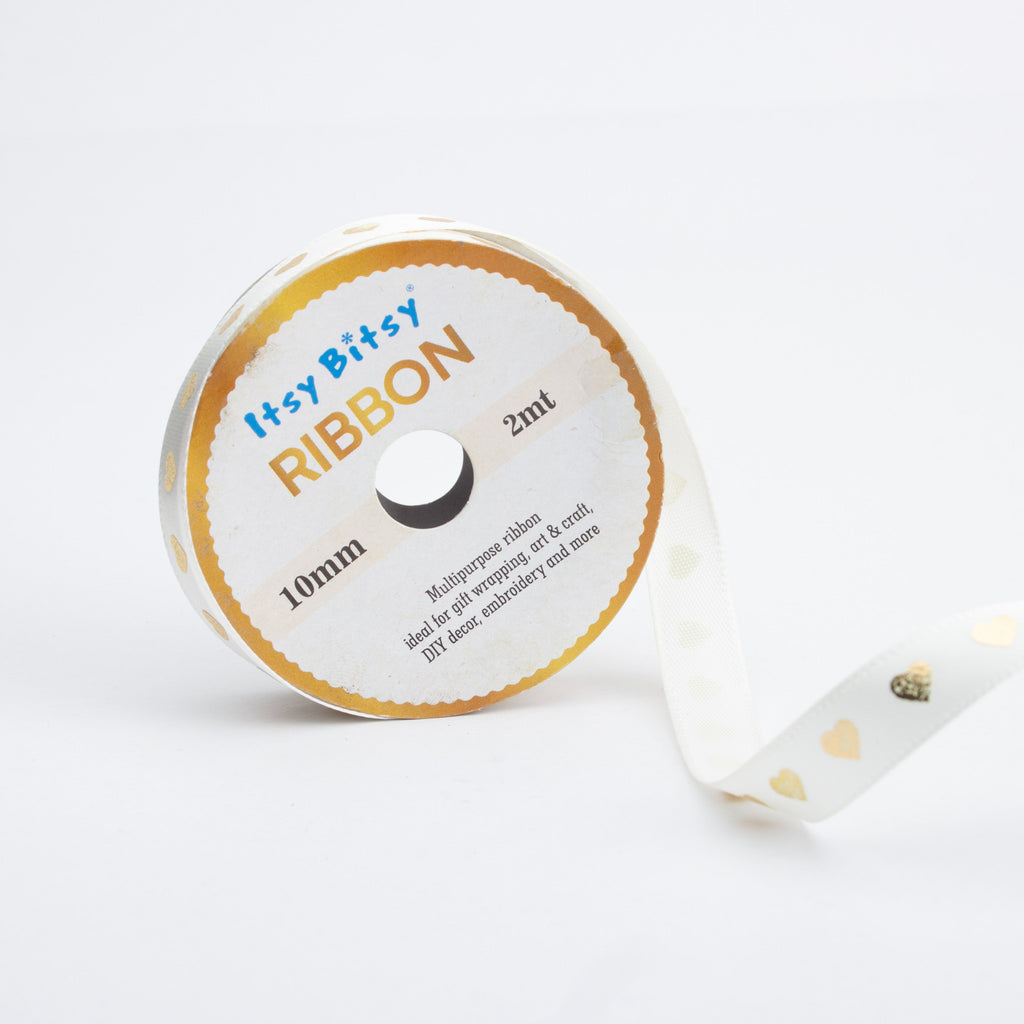 Gold Heart Printed Stain Ribbon Cream Colour 10mm 2mtr