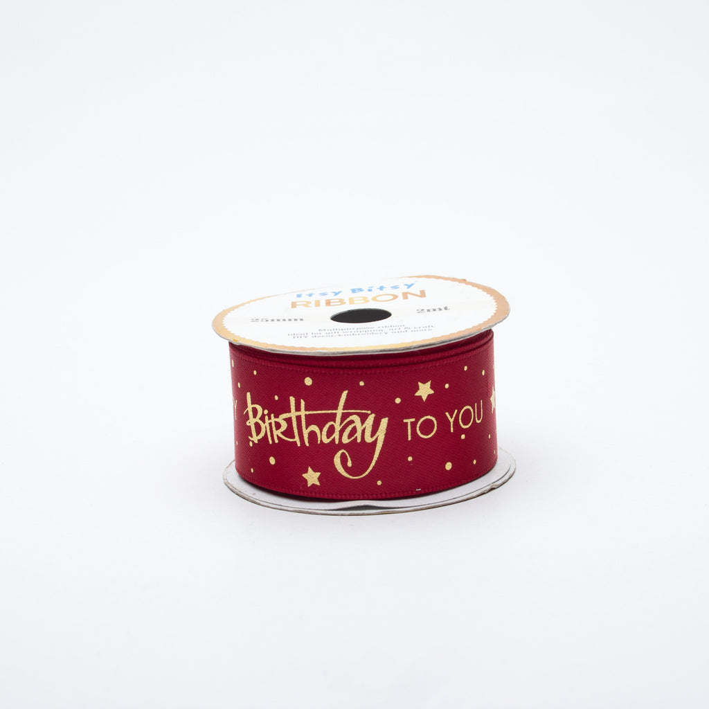 Happy Birthday Gold Printed Red Ribbon 25mm 2mtr