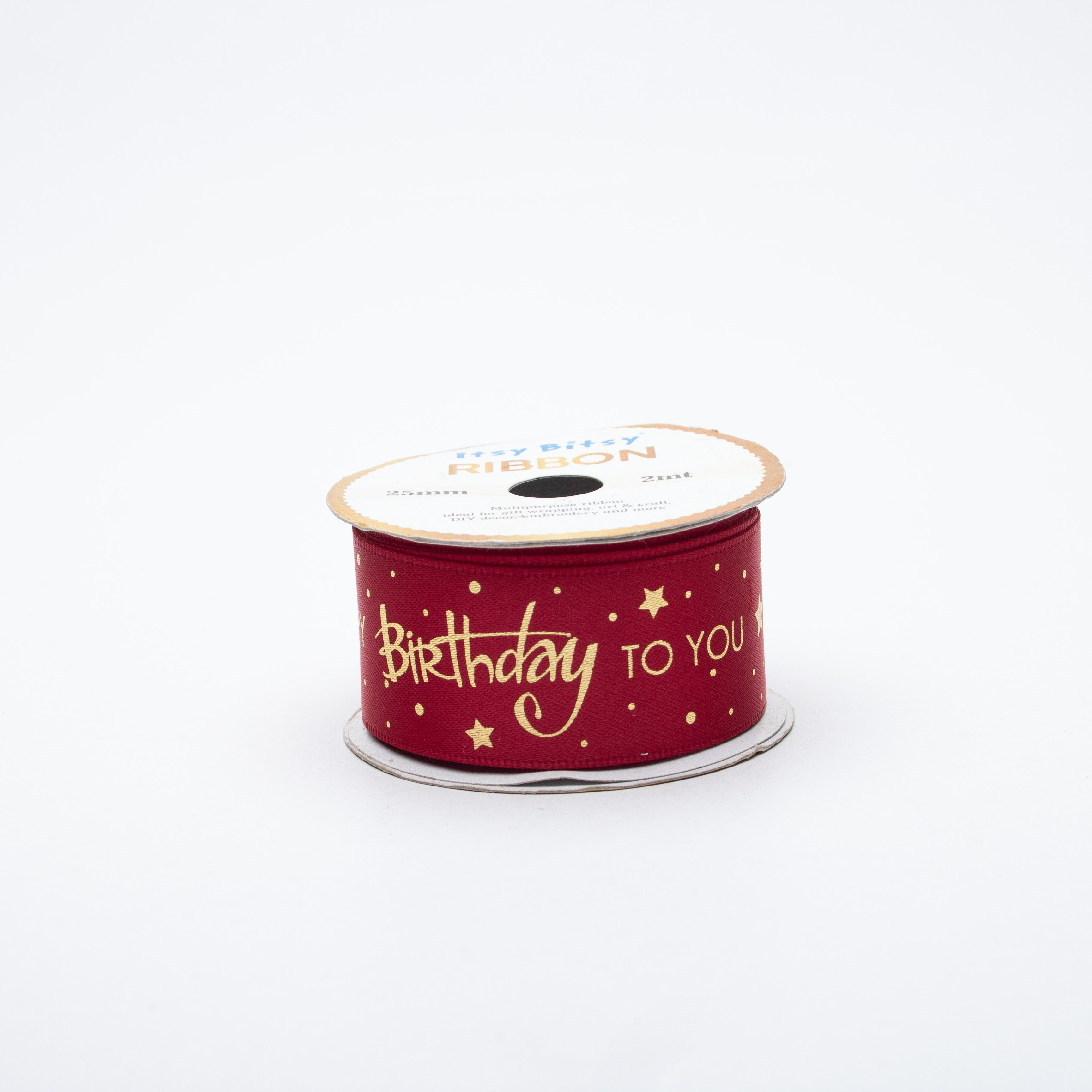 Happy Birthday Gold Printed Red Ribbon 25mm 2mtr