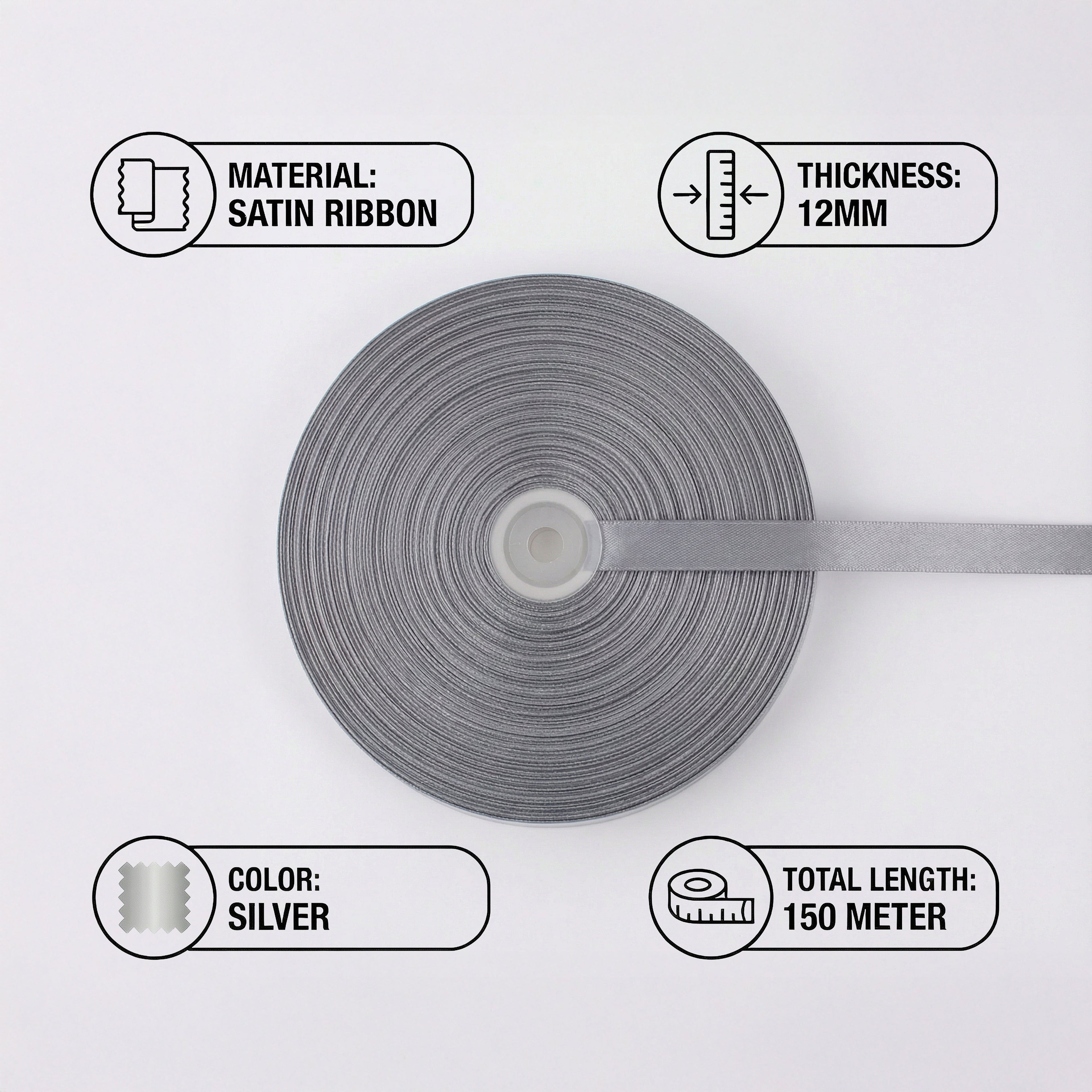 Satin Ribbon 12Mm 150Mtr  Silver