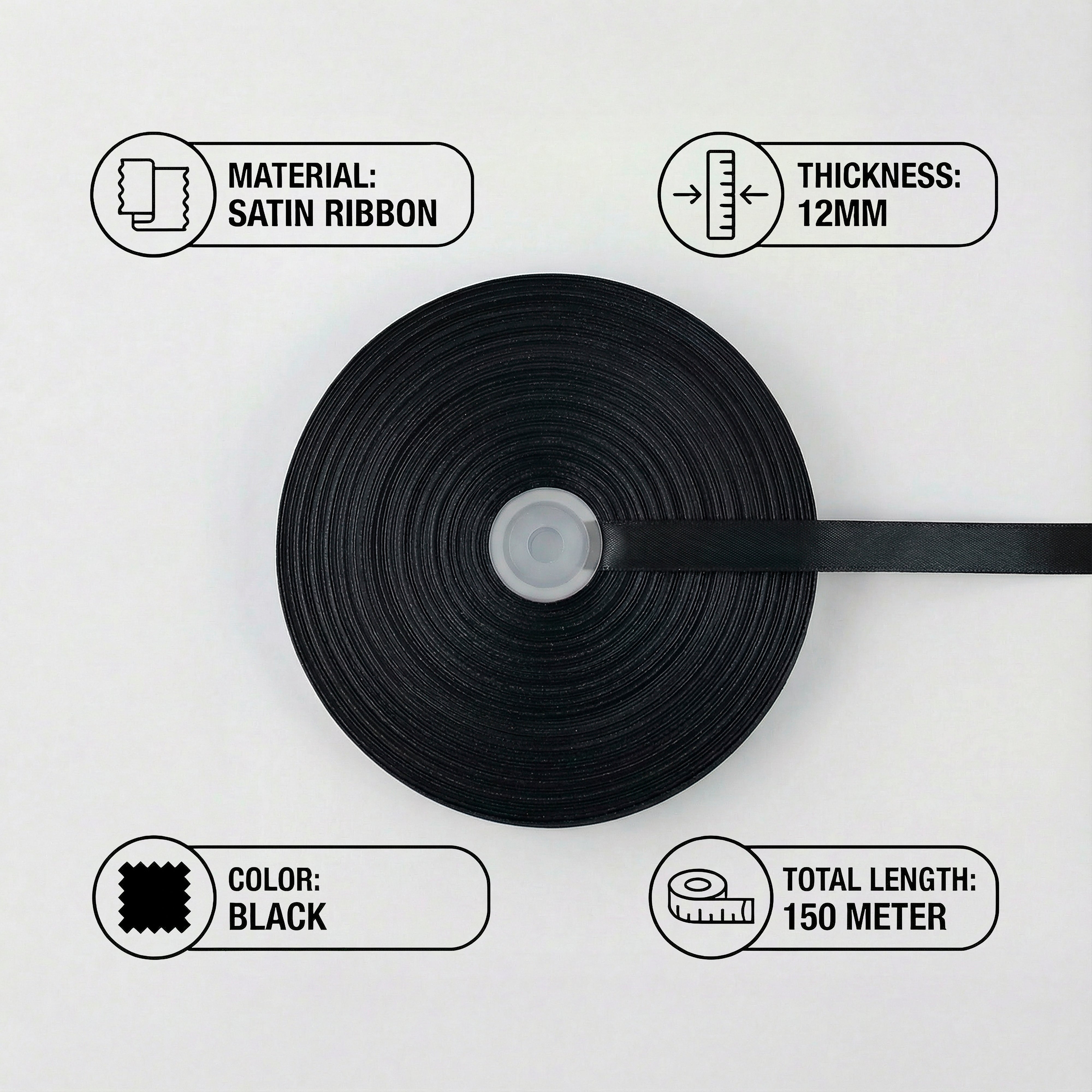 Satin Ribbon 12Mm 150Mtr  Black