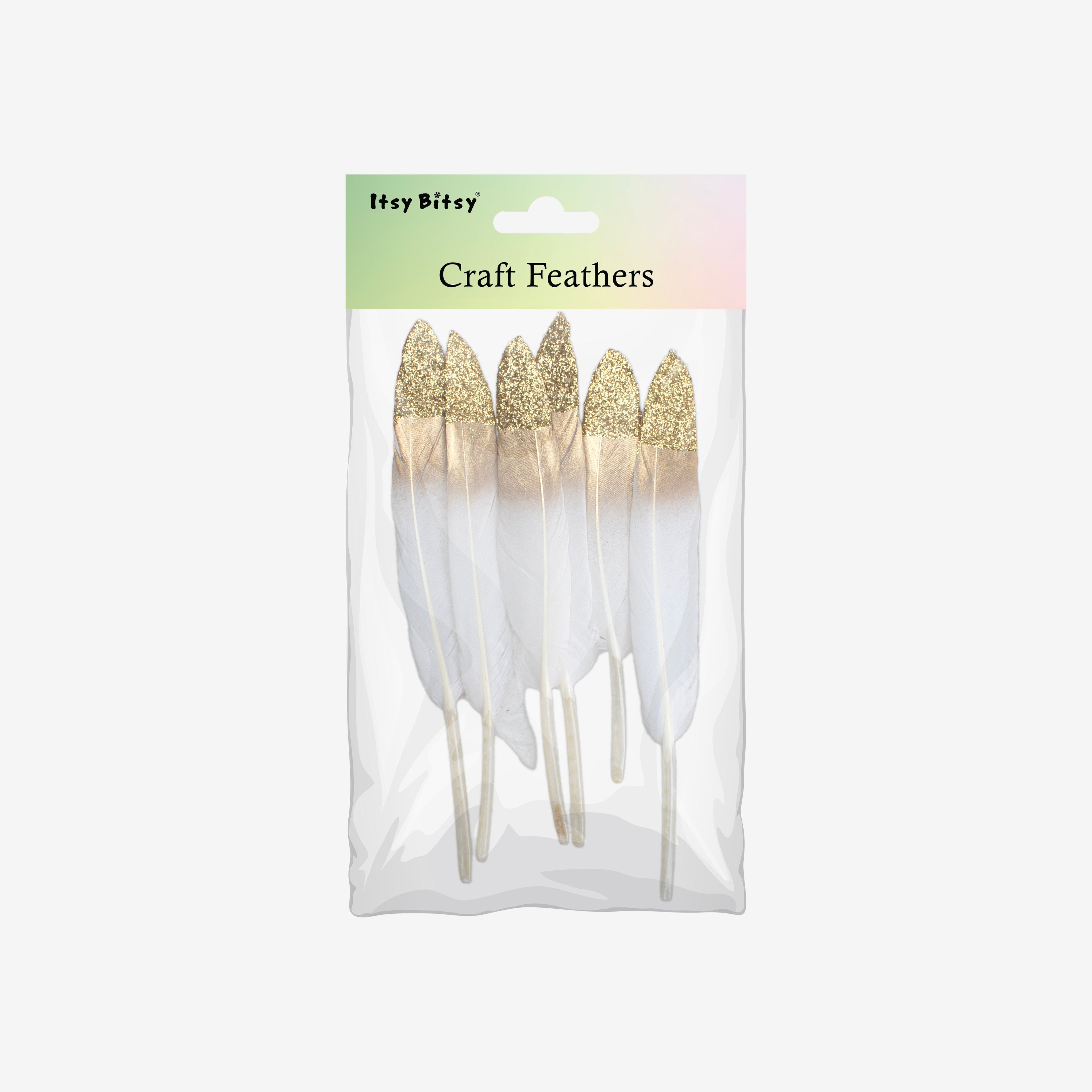 Goose Feathers with Glitter Tip Snow Gold 10 to 15cm 6pc
