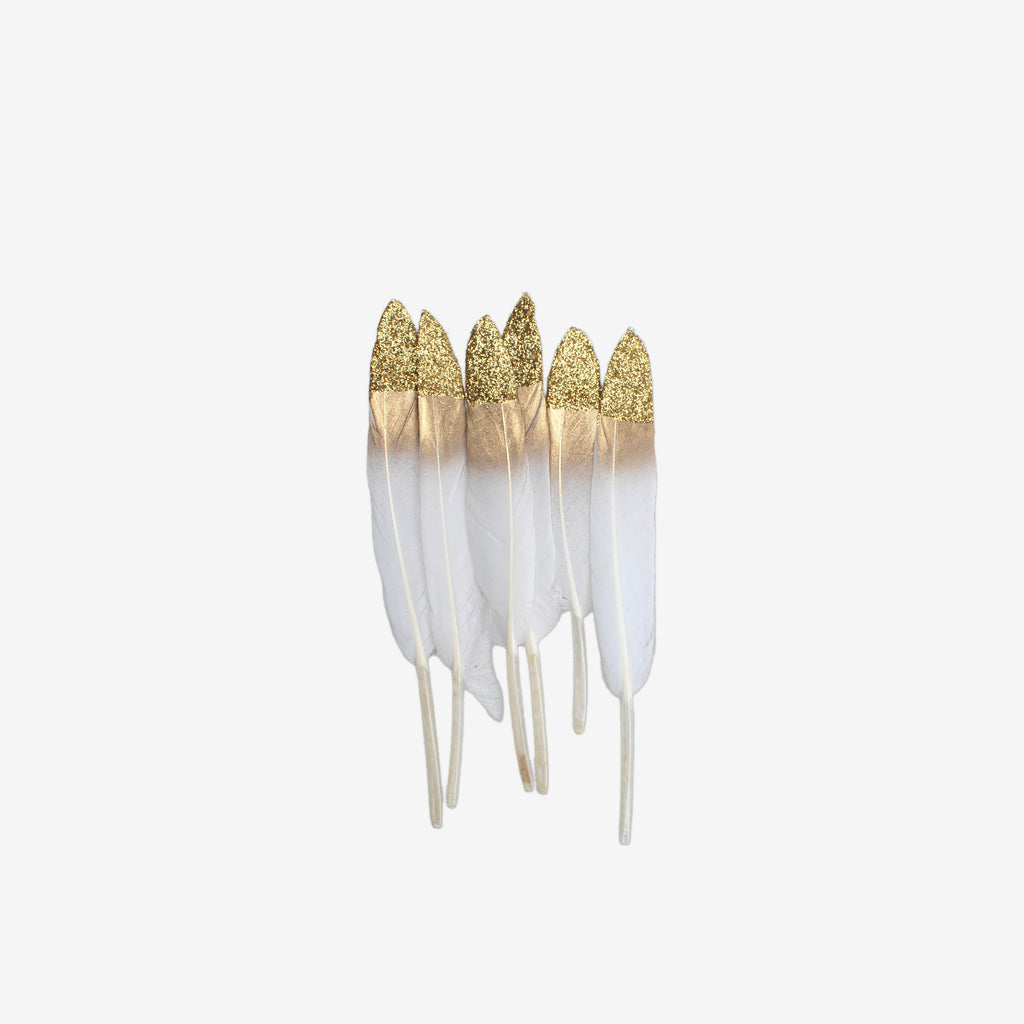 Goose Feathers with Glitter Tip Snow Gold 10 to 15cm 6pc