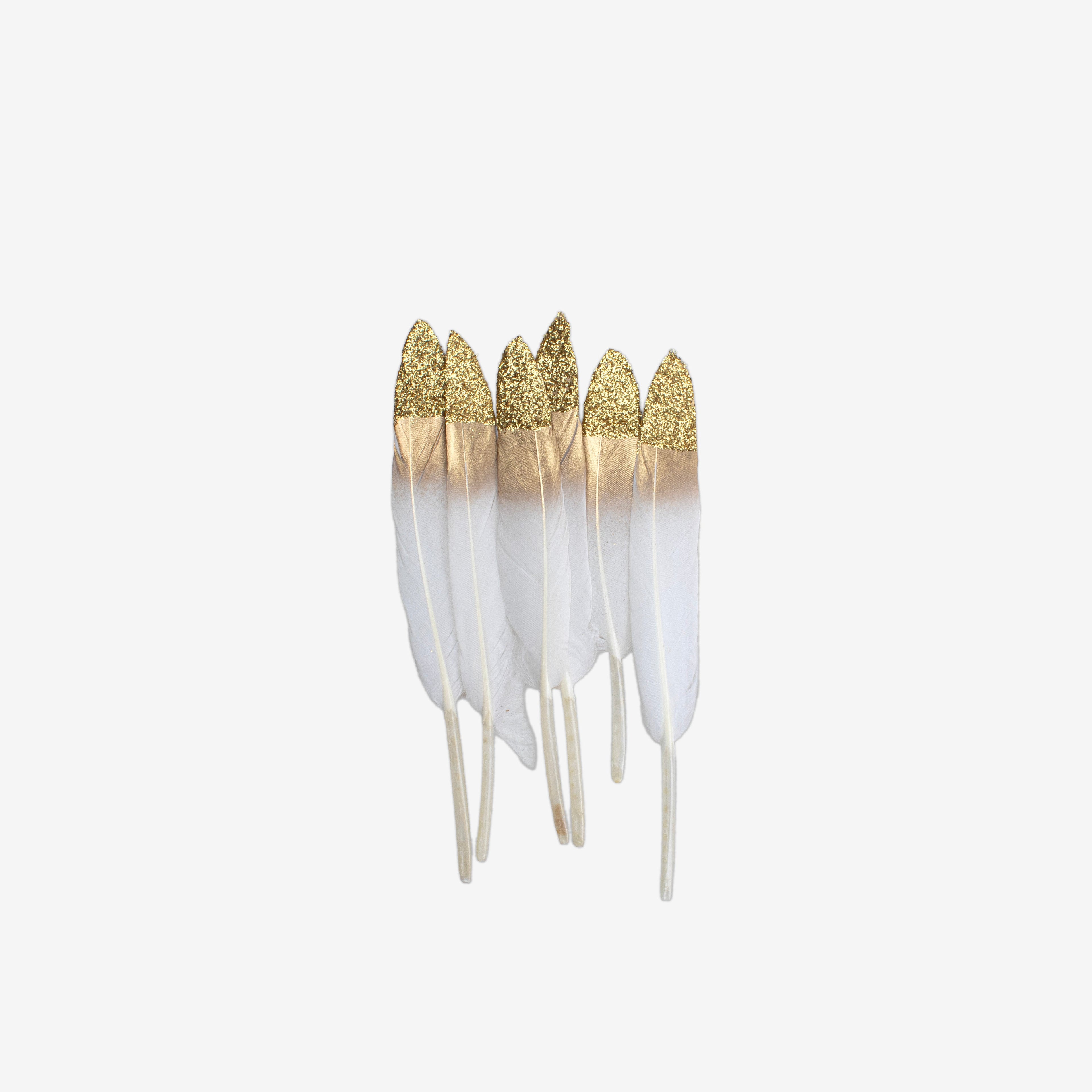 Goose Feathers with Glitter Tip Snow Gold 10 to 15cm 6pc