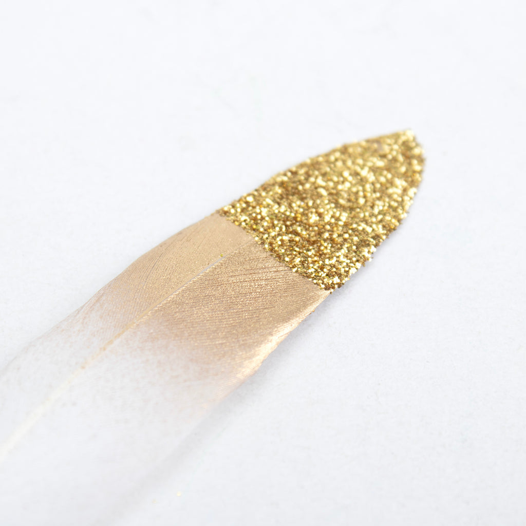 Goose Feathers with Glitter Tip Snow Gold 10 to 15cm 6pc