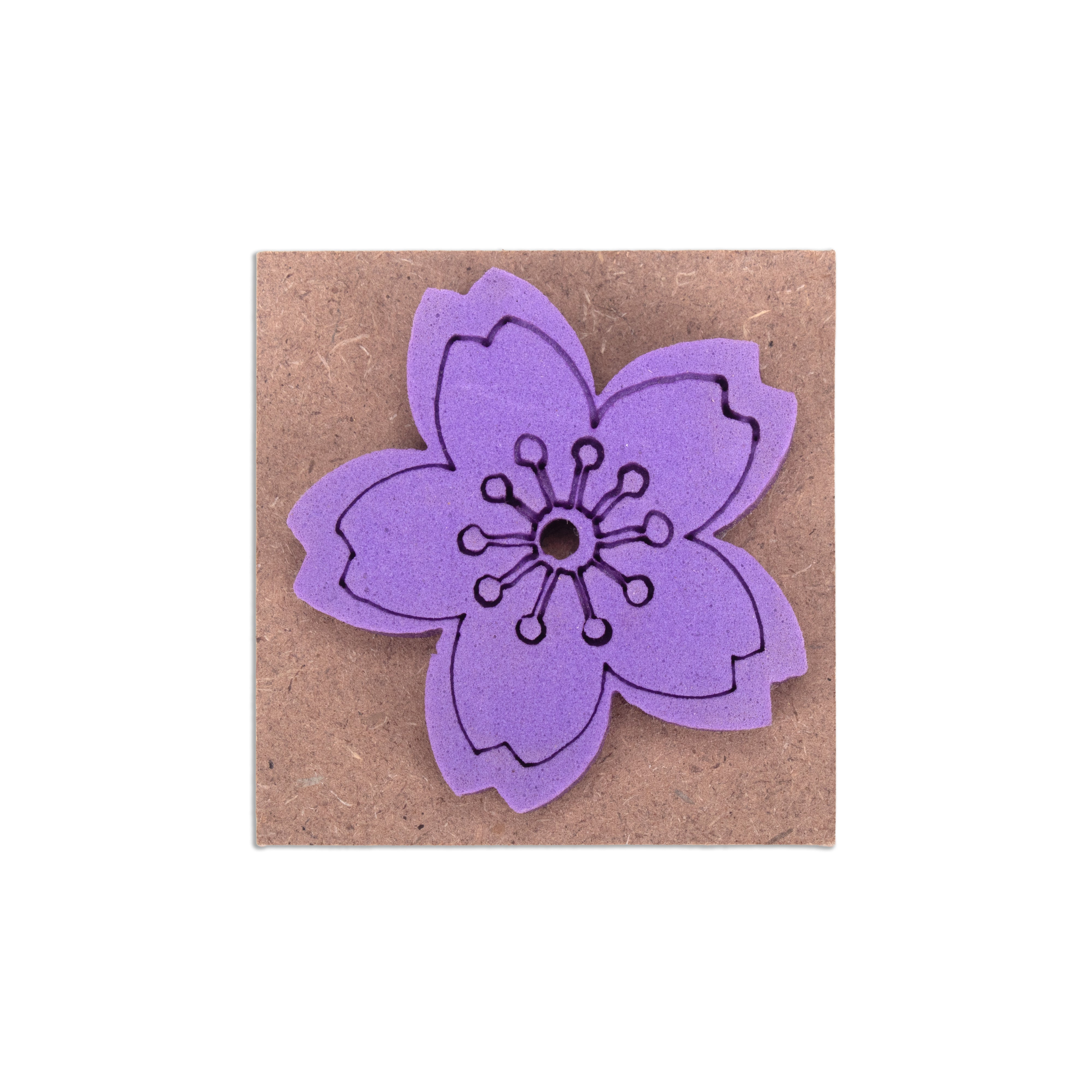 Foam Stamp Flower Blossom 4.4cm Dia X 5mm Thick (MDF Base 5.5mm thick square 5 x 5cm) 1pc