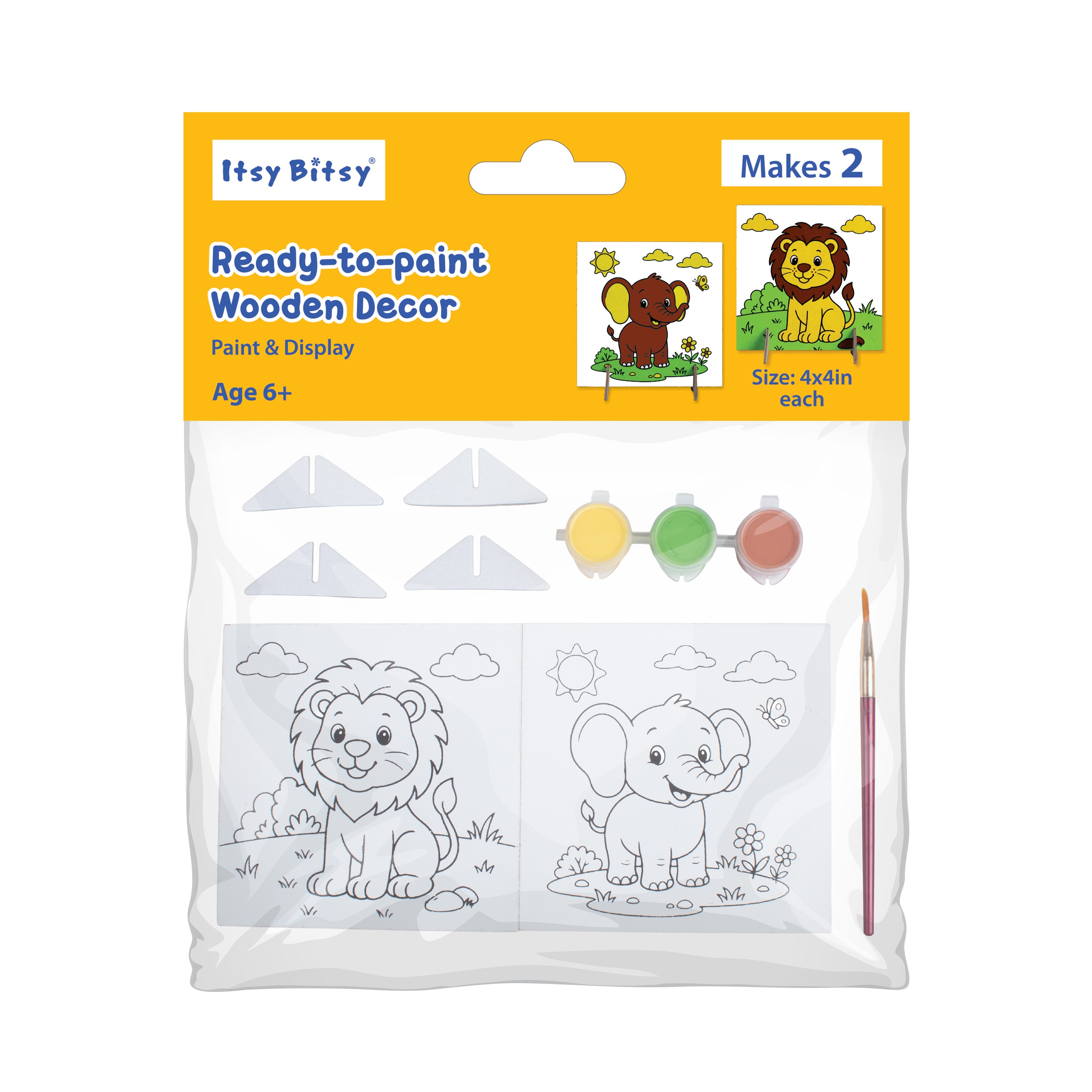 DIY Ready To Paint Wooden Decor - Elephant & Lion, 4 X 4 inch, 2pc