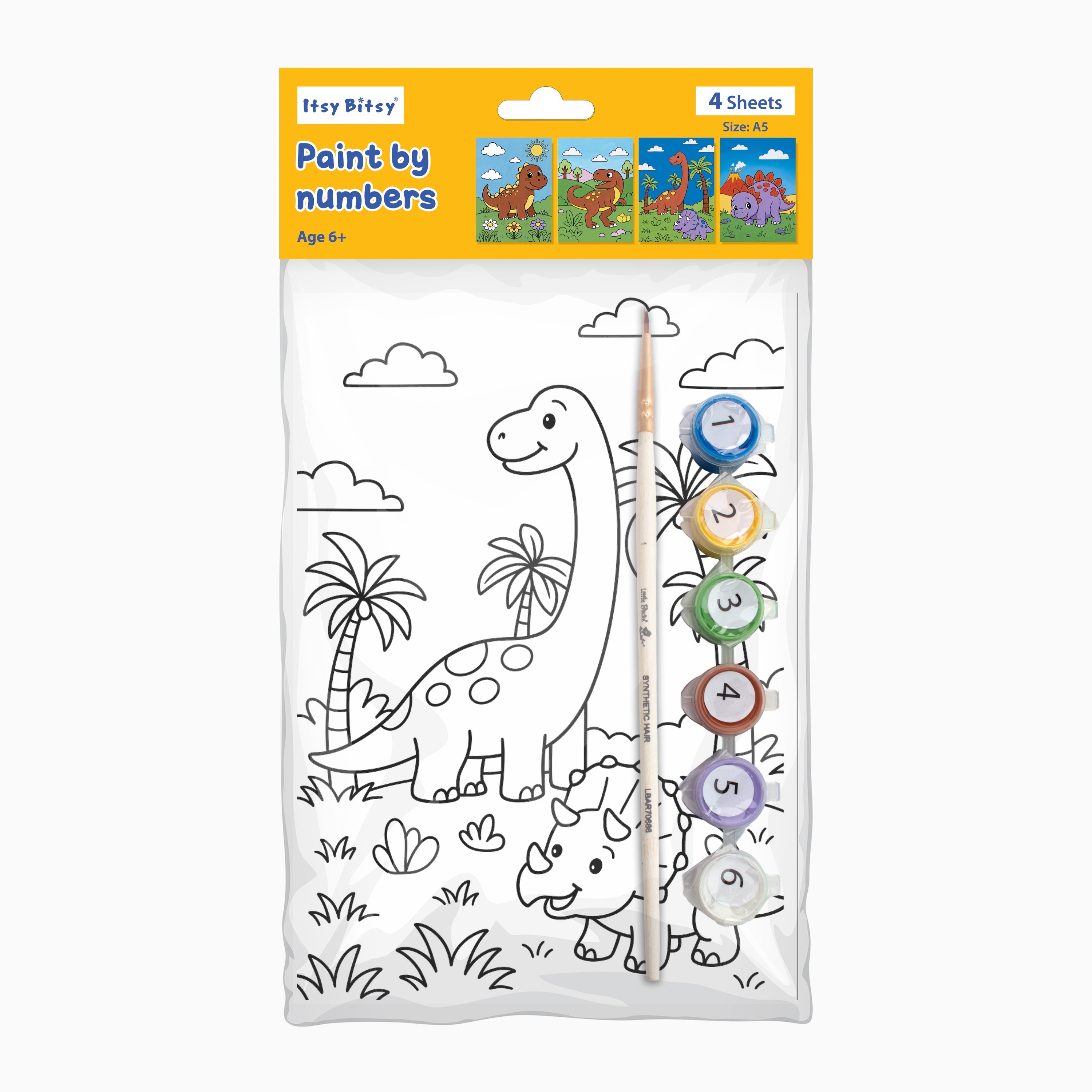 DIY Paint By Numbers - Dinosaur Land, Set of 4 Designs With Paints and Brush, 5.83 X 8.27inch