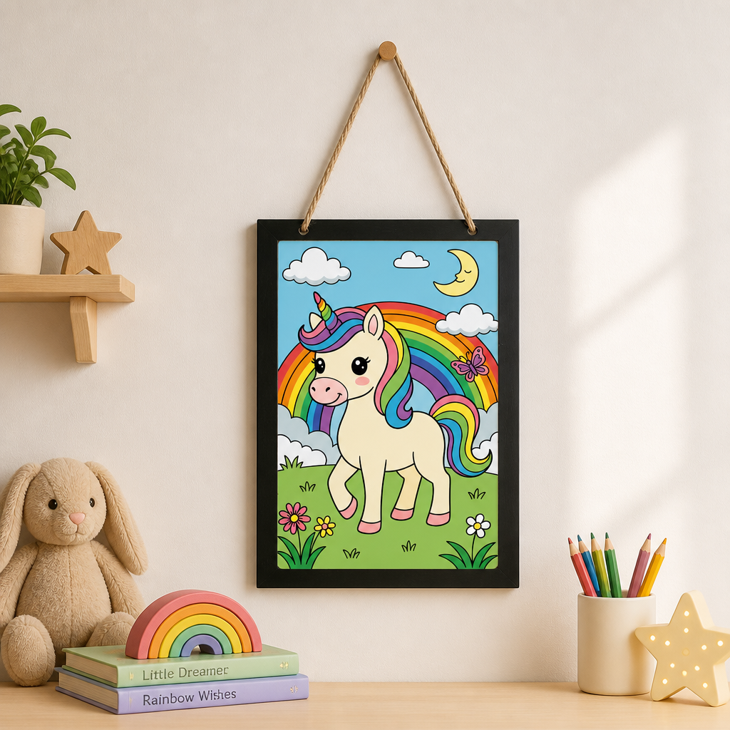 DIY Framed Pre-Printed Hanging Decor Painting Kit - Rainbow Unicorn, 5.83 X 8.27inch