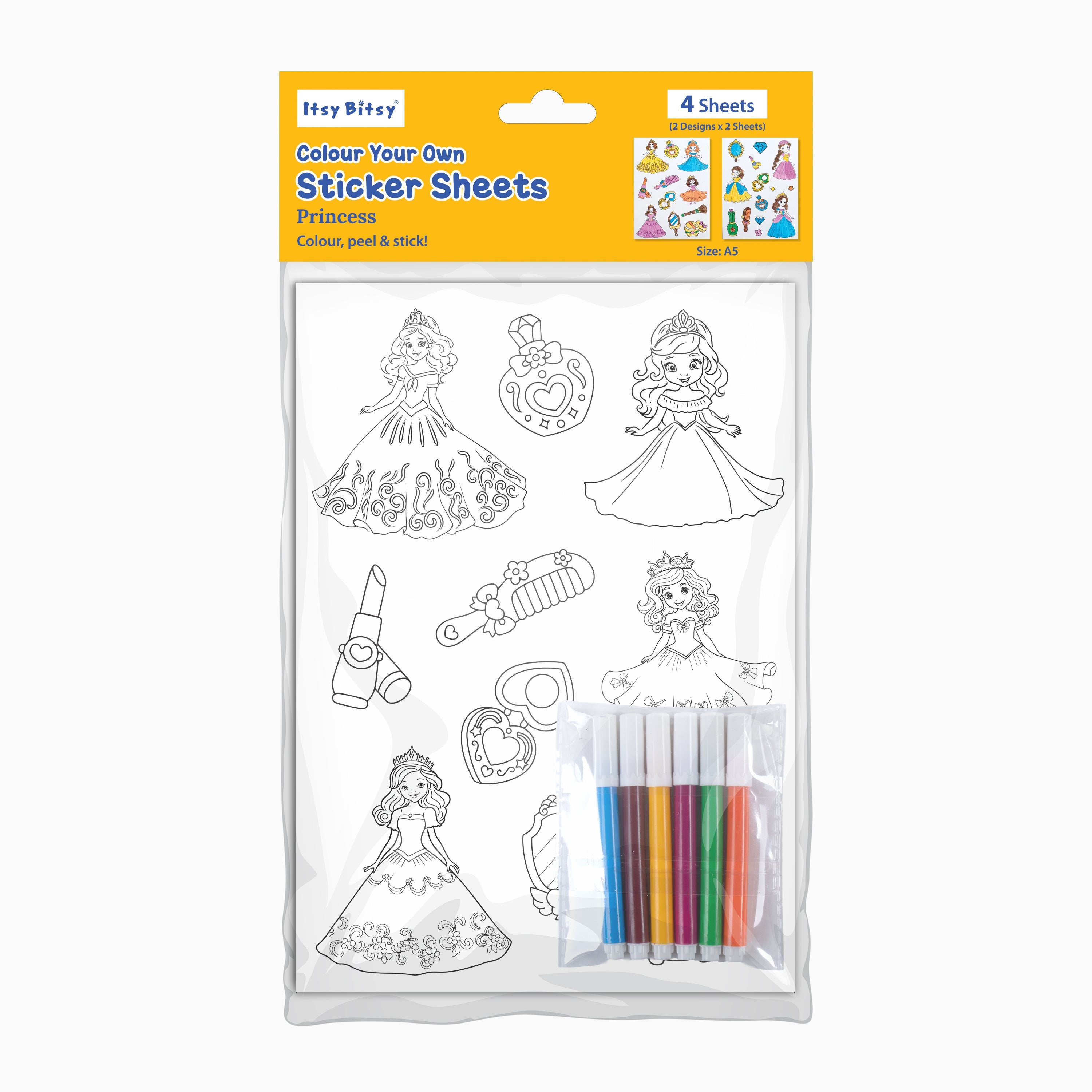 DIY Colour Your Own Sticker Sheets - Playful Princess, 2 Designs X 2 Sheets
