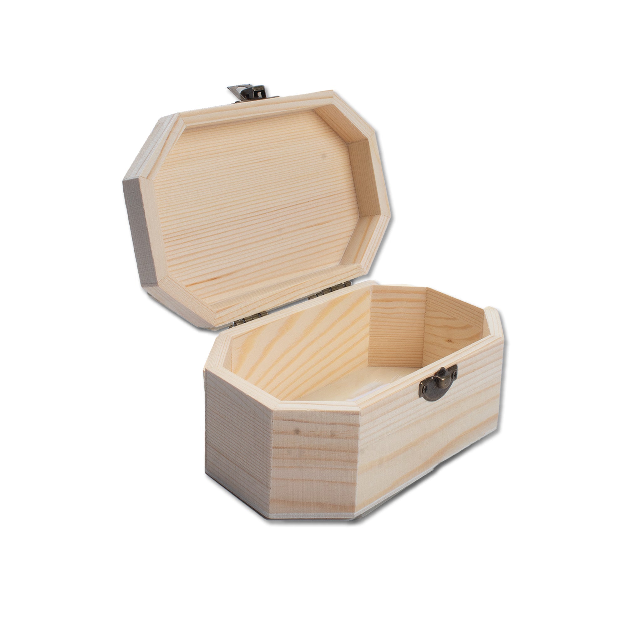 Pinewood Box with Metal Latch Octagonal L6.75 x W4.75 x H3.25 1pc