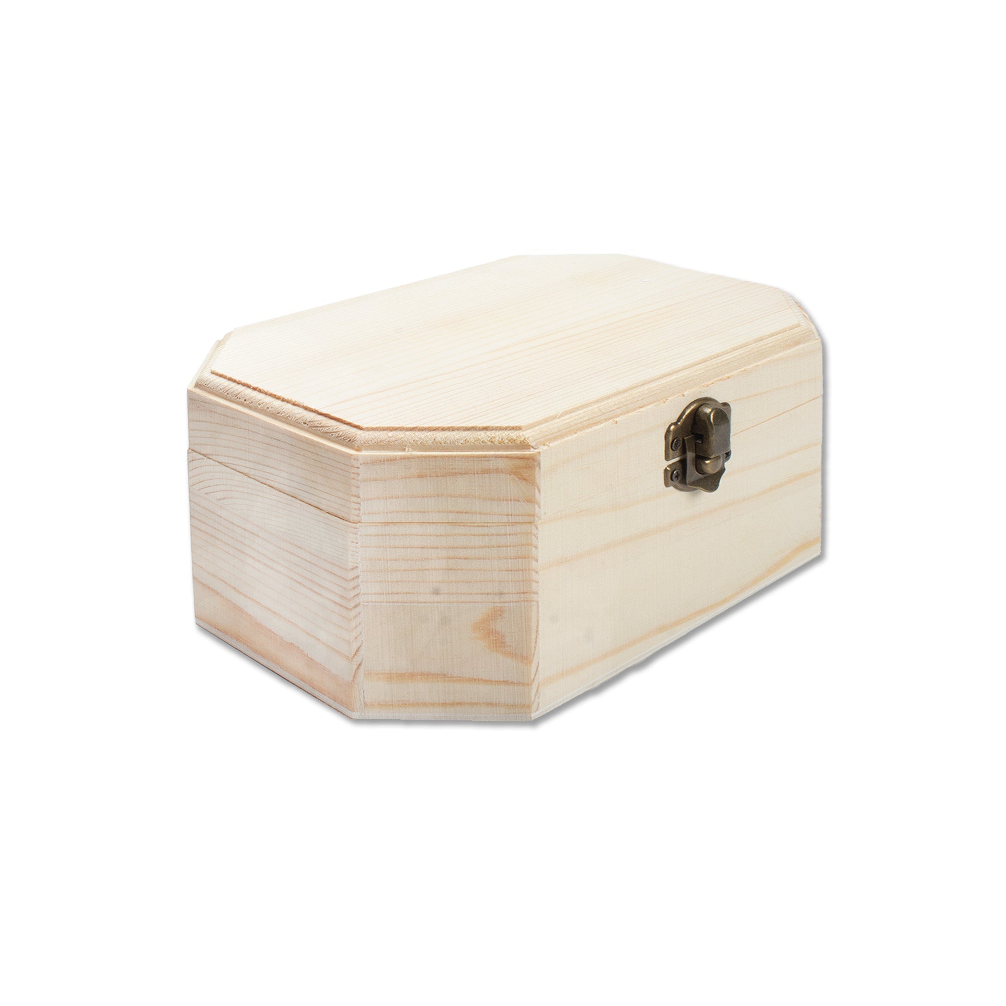 Pinewood Box with Metal Latch Octagonal L5.8 x W3.75 x H2.6 1pc