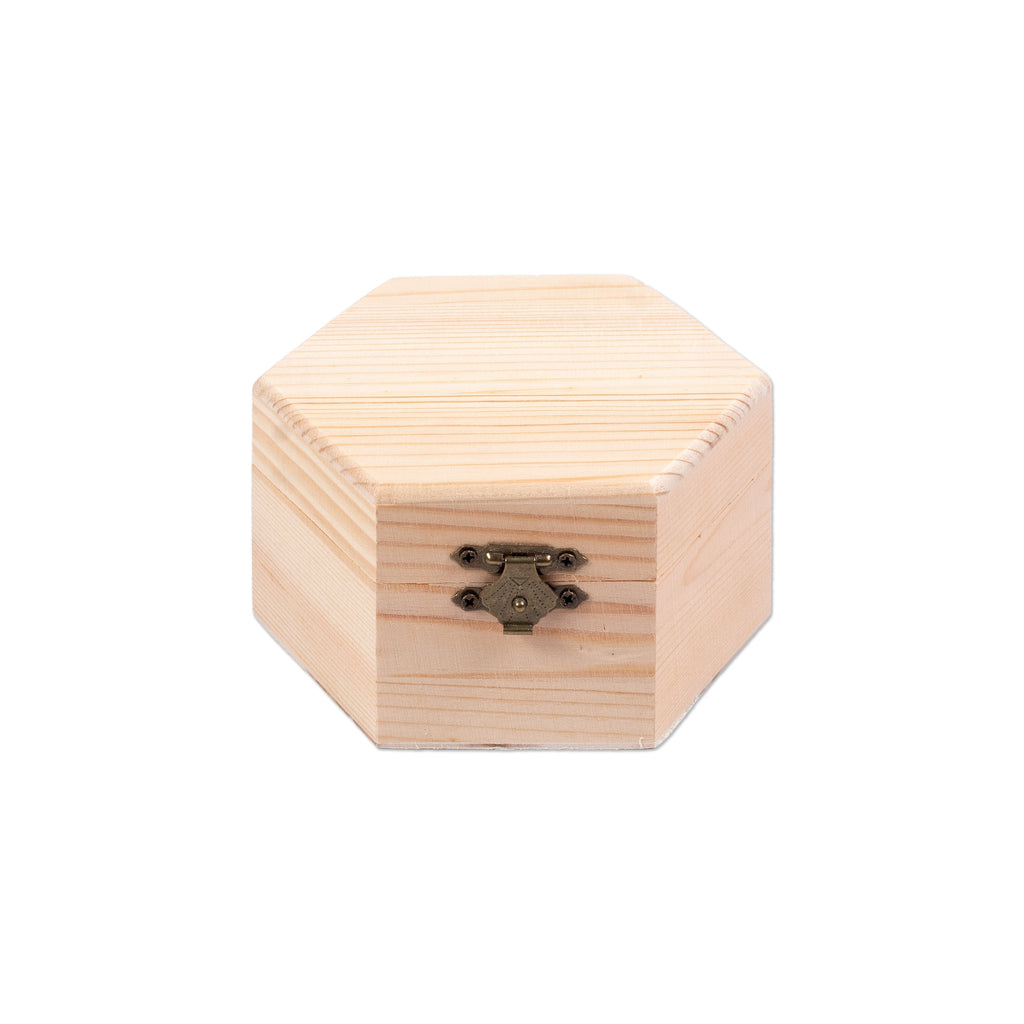 Pinewood Box with Metal Latch Hexagonal L4.7 x W4.1 x H2.5 1pc