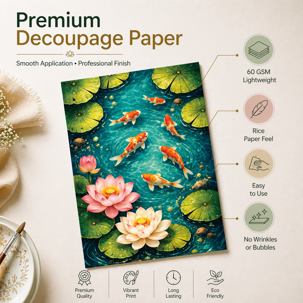 Filament Decoupage Paper Koi Pond 2 Designs 60GSM A4 2 Sheets