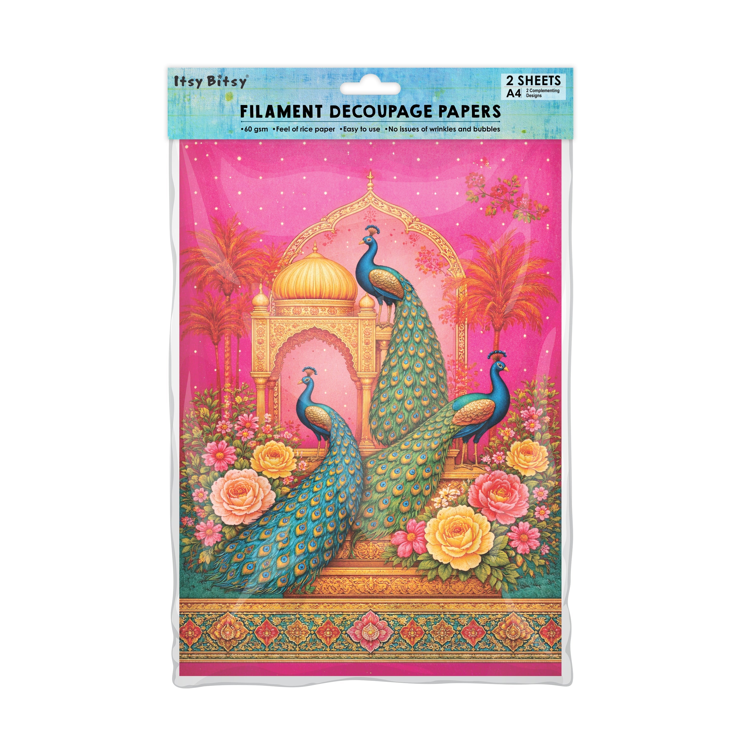 Filament Decoupage Paper Peacock Symphony 2 Designs 60GSM A4 2 Sheets