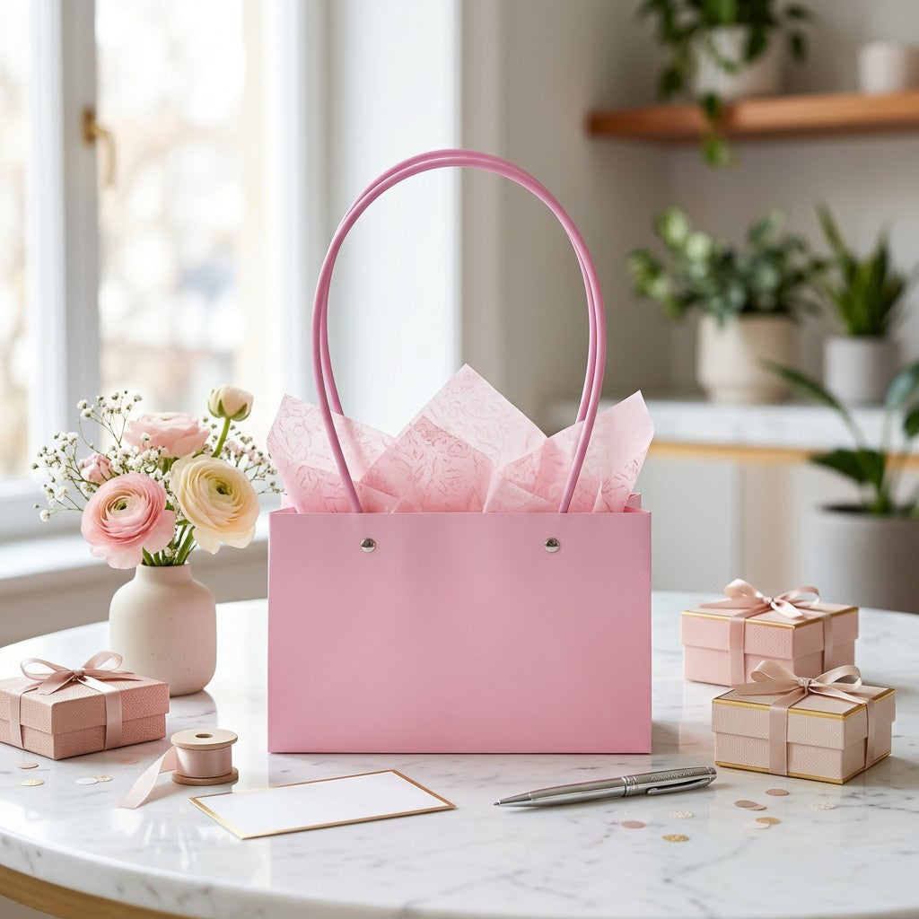 Paper Gift Bag With Straw Handle Baby Pink 8.5x12.5inch 1pc