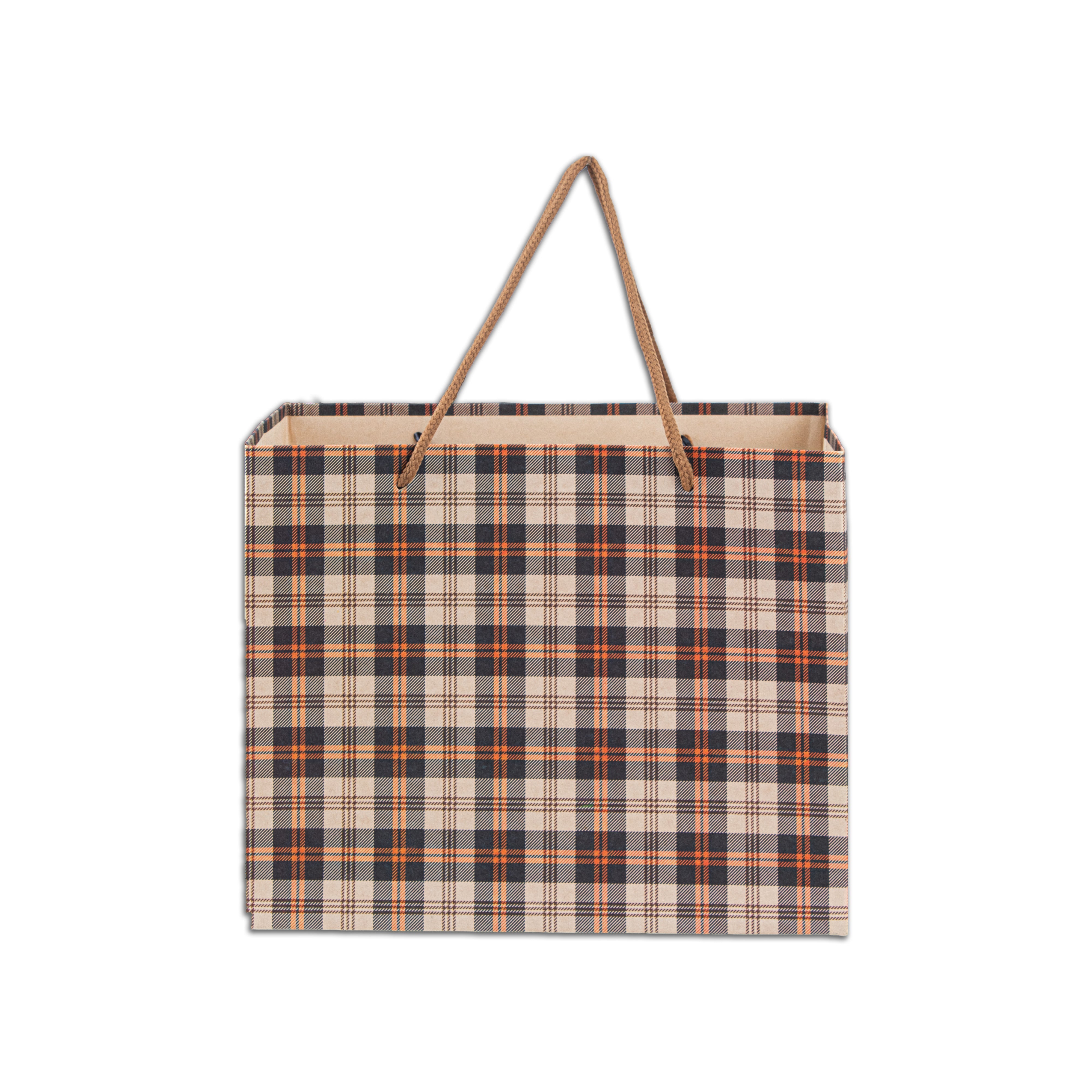 Paper Gift Bag Plaid Brown and Orange 10x8inch 1pc
