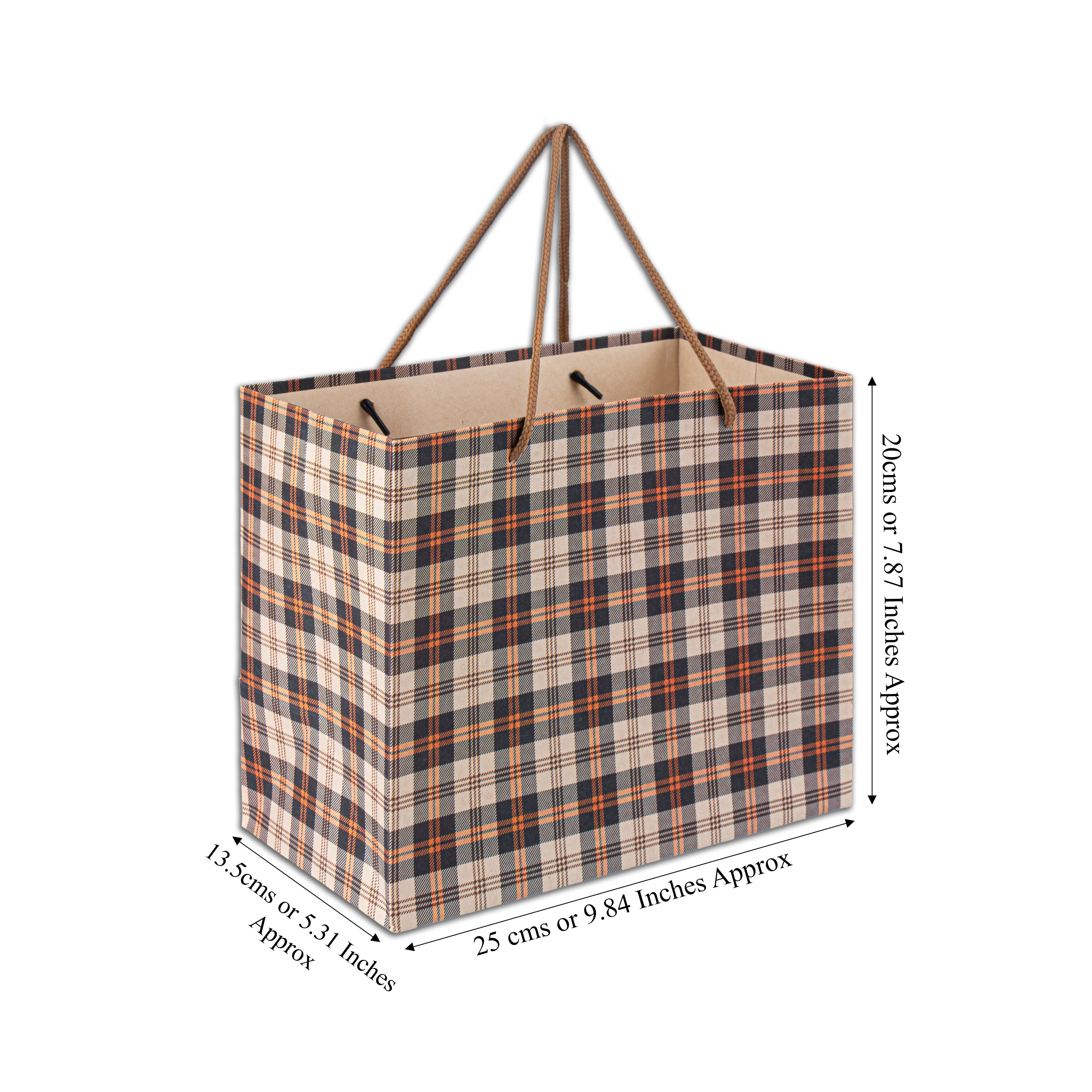 Paper Gift Bag Plaid Brown and Orange 10x8inch 1pc
