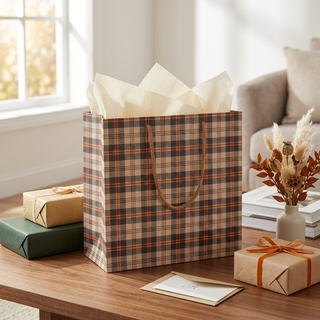 Paper Gift Bag Plaid Brown and Orange 10x8inch 1pc
