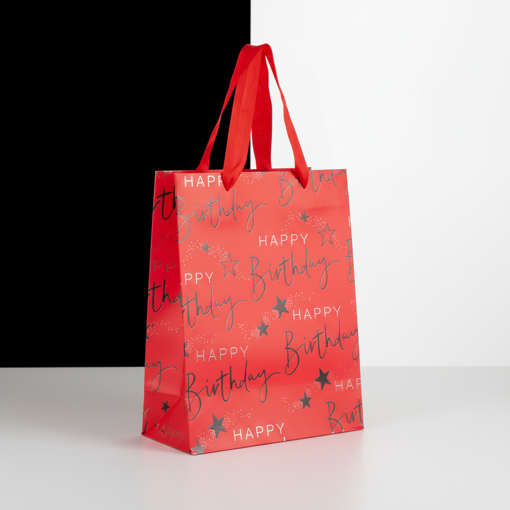 Paper Gift Bag Happy Birthday Red and Silver 18 X 23 X 10cm 1pc