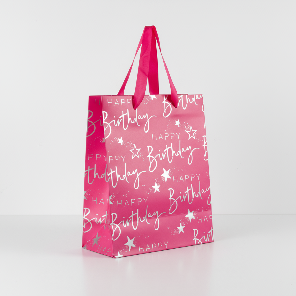 Paper Gift Bag Happy Birthday Pink and silver 18 X 23 X 10cm 1pc