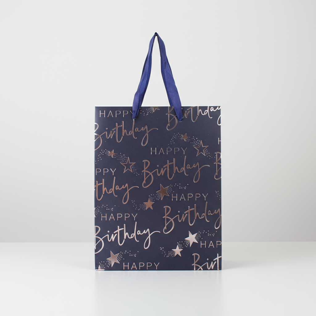 Paper Gift Bag Happy Birthday Navy Blue and Silver 18 X 23 X 10cm 1pc
