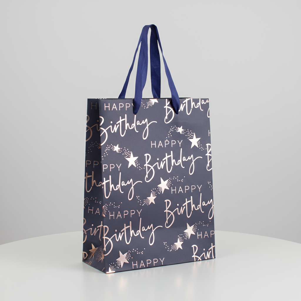 Paper Gift Bag Happy Birthday Navy Blue and Silver 18 X 23 X 10cm 1pc