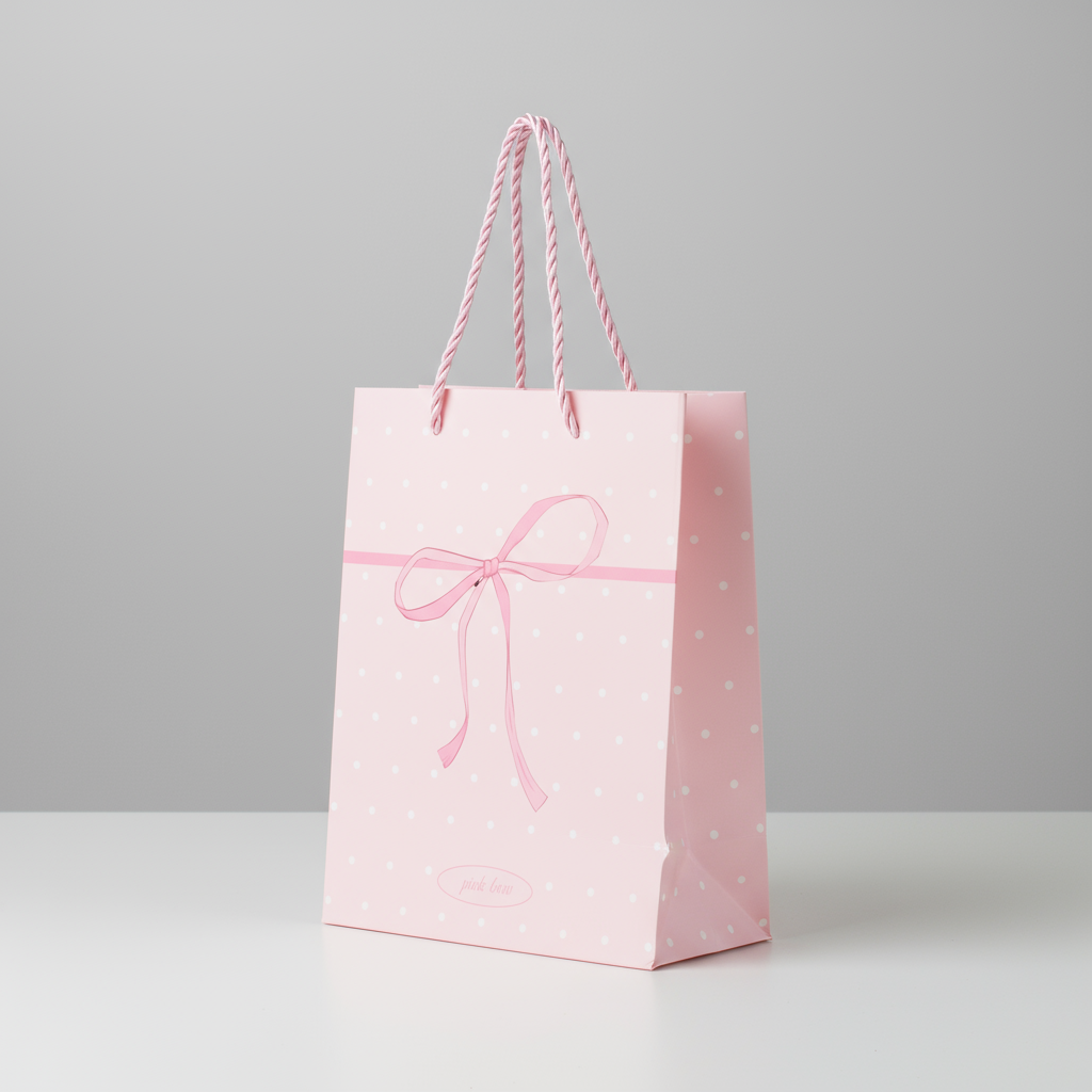Paper Gift Bag White Dot with Pink Bow 23 X 18 X 10cm 1pc